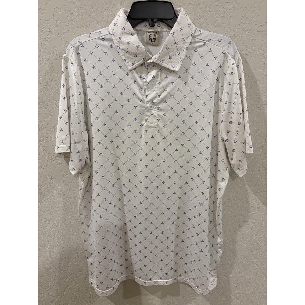 Hardaddy Mens Polo Shirt Medium White Blue Nautical Anchor Print Short Sleeve